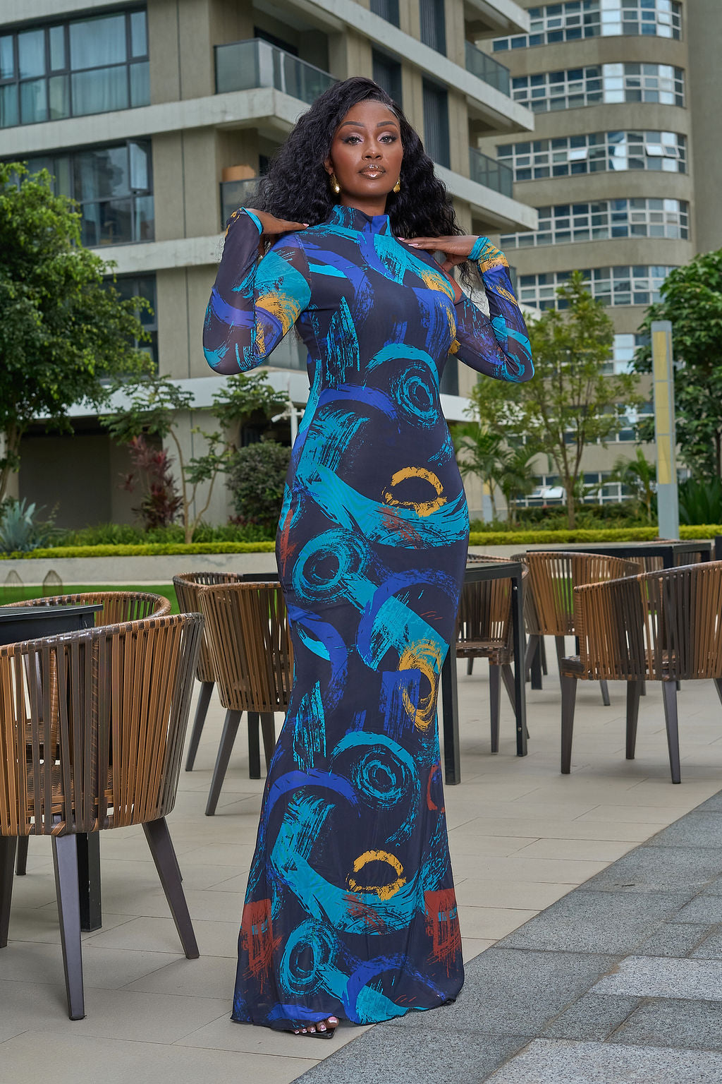 Artistic Swirl Mesh Maxi Dress