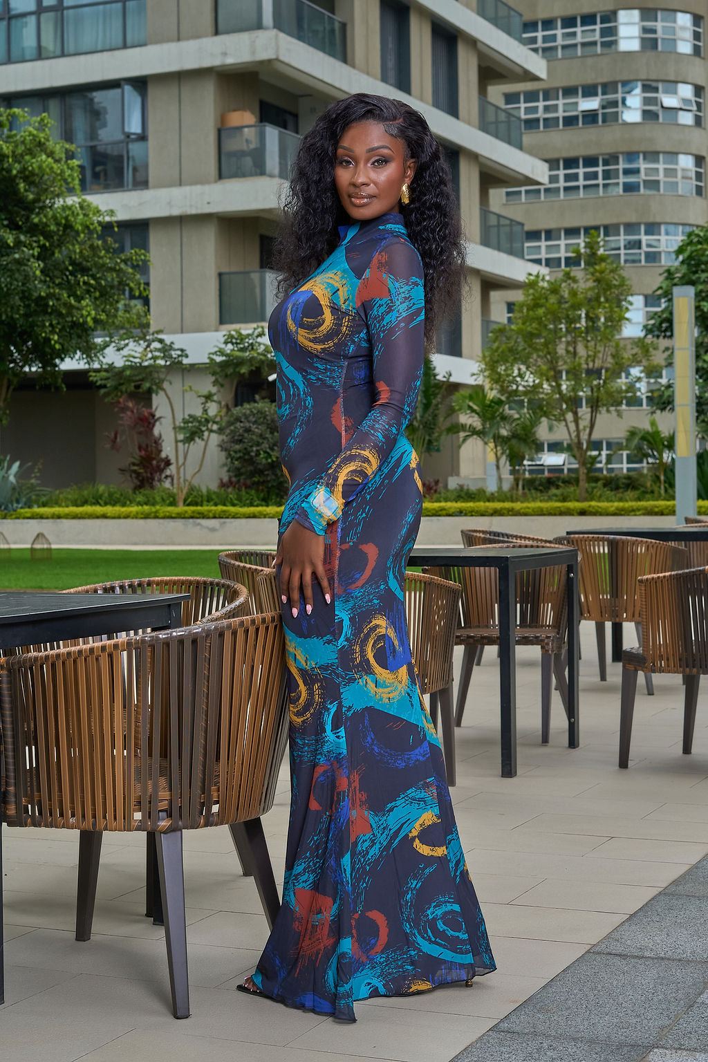 Artistic Swirl Mesh Maxi Dress