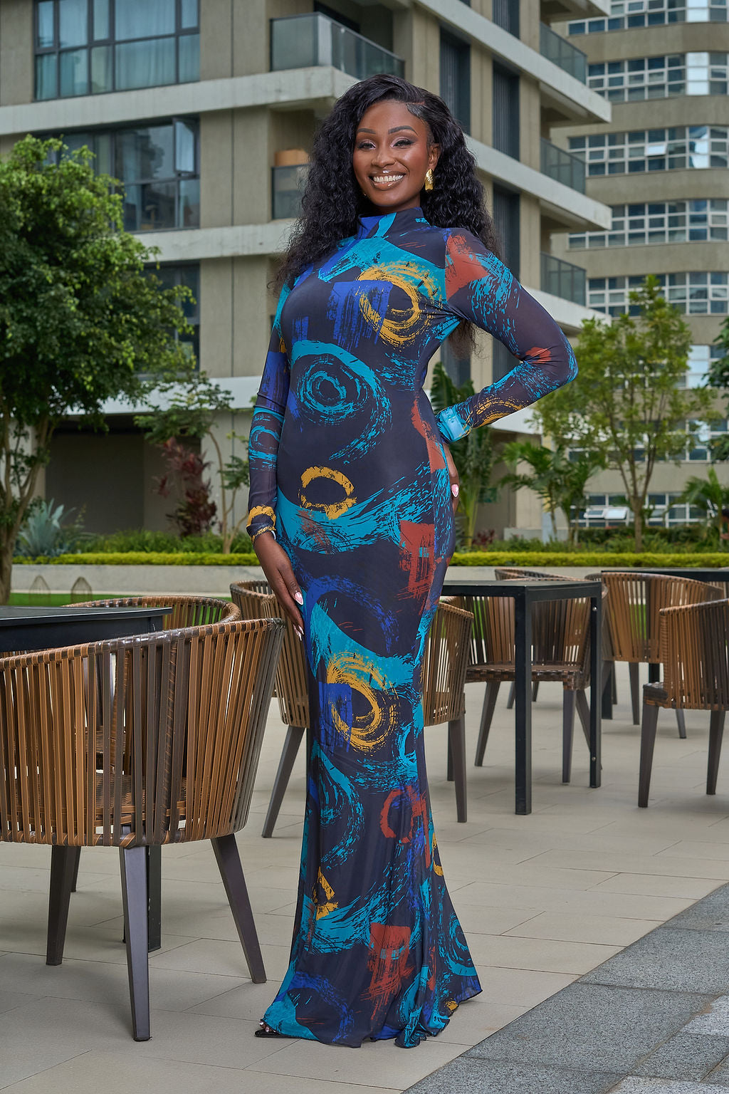 Artistic Swirl Mesh Maxi Dress