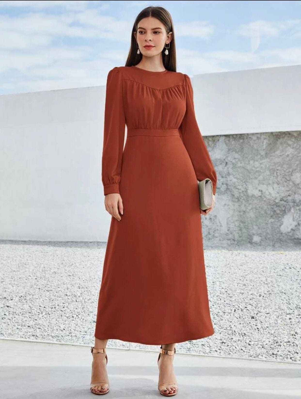 Puff Sleeve Ruched Solid A-Line Dress