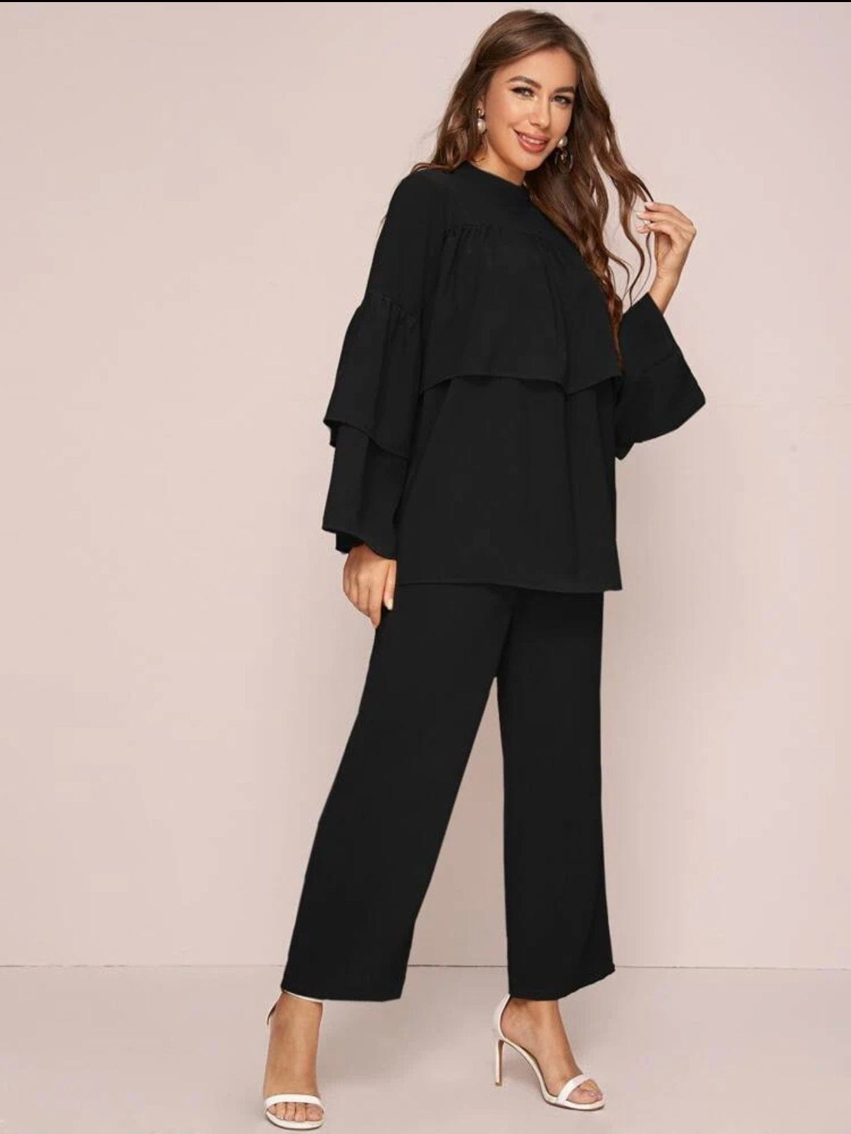 Tiered Layered Blouse With Straight Leg Pants