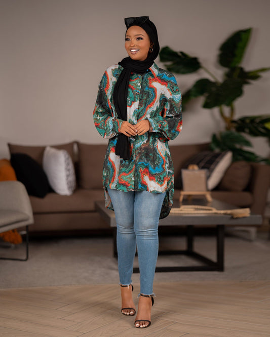 Drop Shoulder Lantern Sleeve Marble Print Blouse