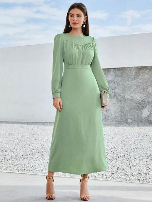 Puff Sleeve Ruched Solid A-Line Dress