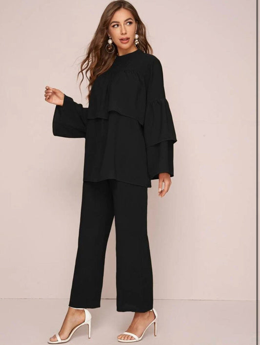 Tiered Layered Blouse With Straight Leg Pants