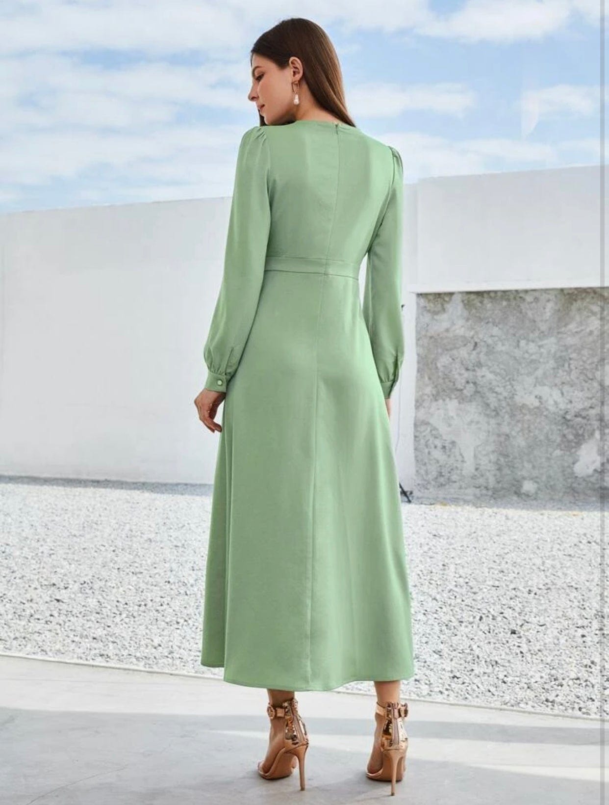 Puff Sleeve Ruched Solid A-Line Dress