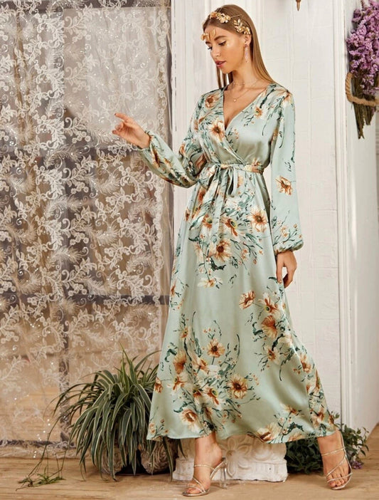 Floral Print Self Belted Balloon Sleeve Wrap Dress