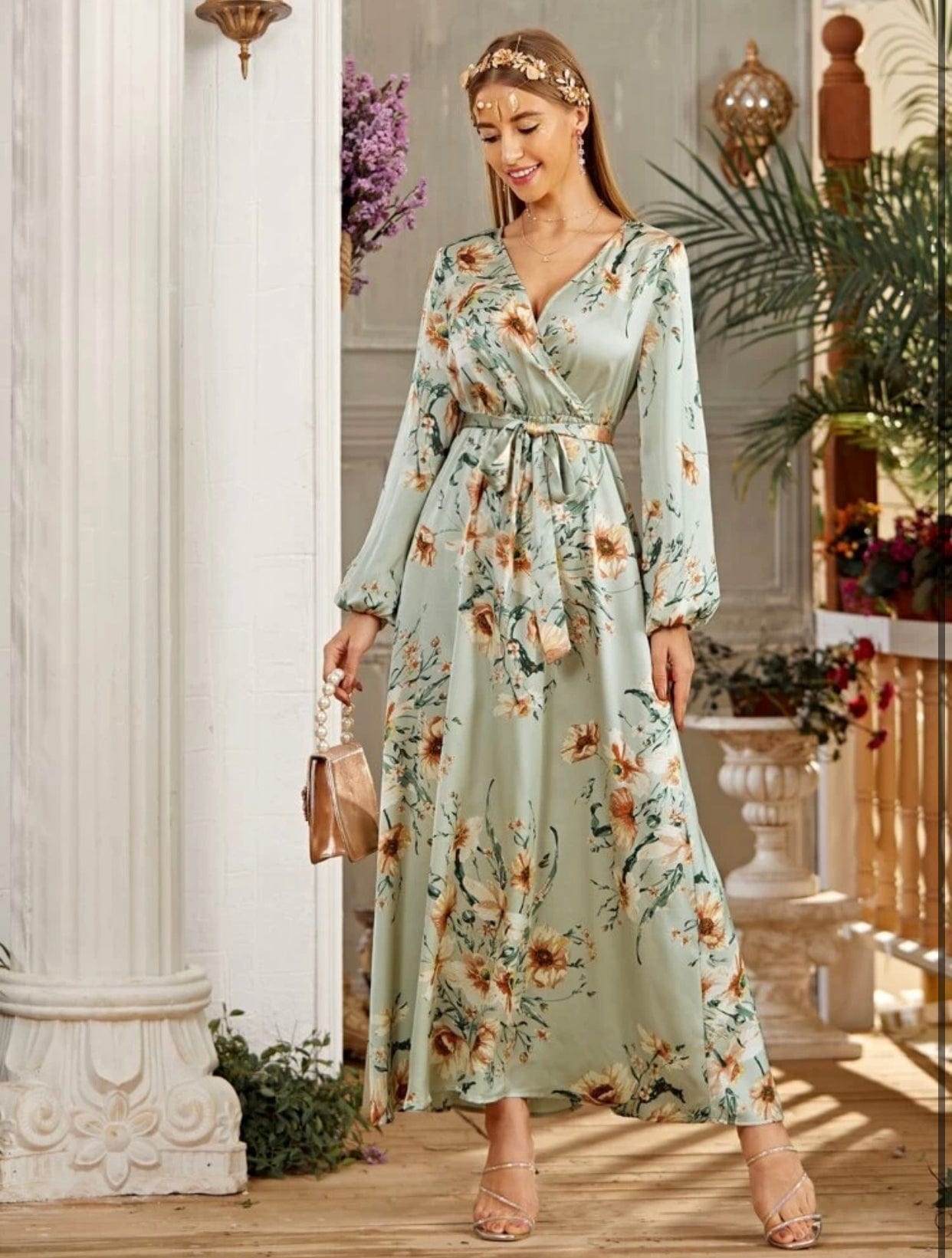 Floral Print Self Belted Balloon Sleeve Wrap Dress