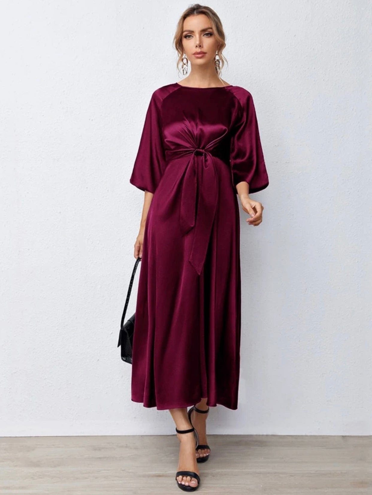 Maroon satin maxi dress