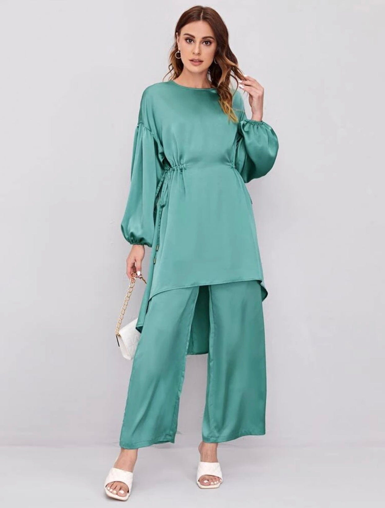 Lantern Sleeve Drawstring Waist High Low Hem Satin Top & Pants Set